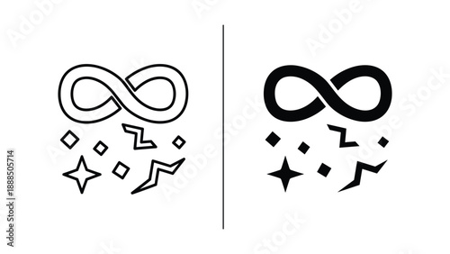 Infinity symbol with stars and shapes in black and white