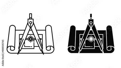 Masonic symbol with compass and square on blueprint