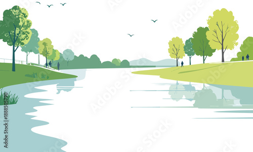 土手のある河原を散歩する人たち