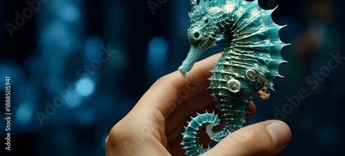 a hand wearing and aquamarine ring and holding an seahorse out of the water , generative ai photo