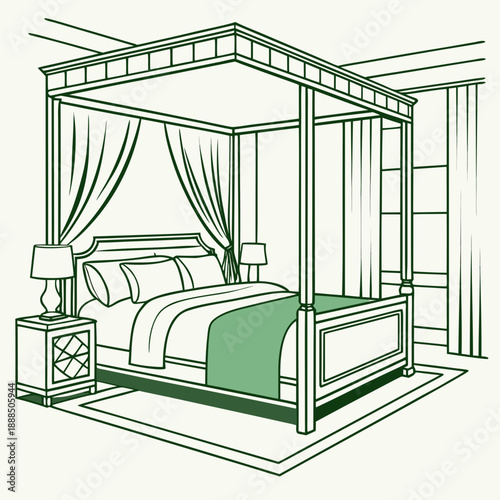 Elegant FourPoster Bed with Nightstand and Lamps Illustration.