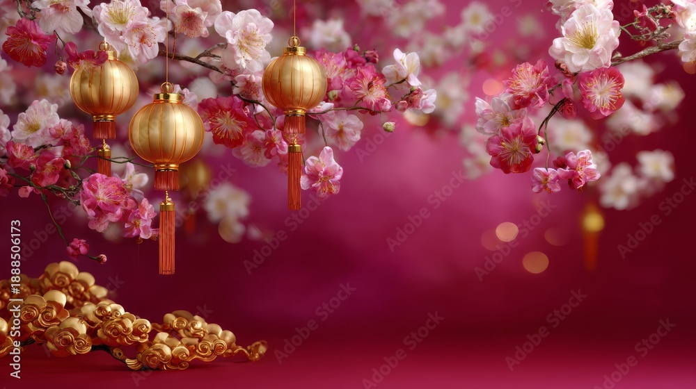 Fototapeta premium Festive plum blossoms and golden lanterns for Chinese New Year celebration