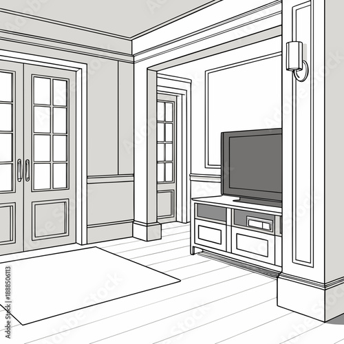 Elegant Interior Design Sketch Living Room with TV and Doors.