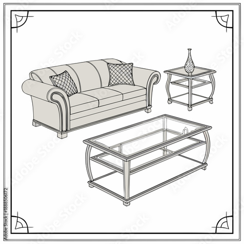 Elegant Living Room Furniture Set Sofa Coffee Table and Side Table.