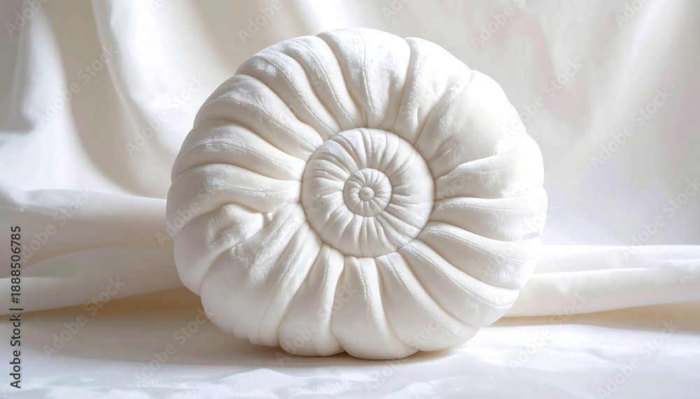 Obraz premium Close-up of a white, spiral-shaped object resembling a nautilus shell, resting on draped white fabric