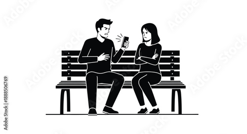 A couple sits on a park bench a man showing his phone to a woman creating a striking silhouette high quality