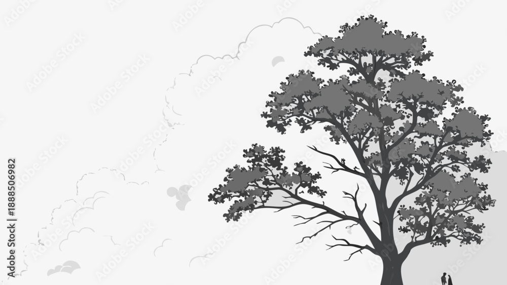 Fototapeta premium Silhouette Tree with Birds and Distant Figures in a Minimalist Landscape.