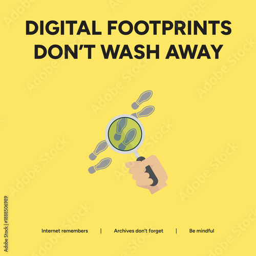 Digital footprint concept illustration featuring a magnifying glass over footprints on a yellow background