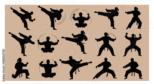 Collection of Martial Arts Silhouettes in Various Dynamic Poses.
