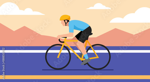 Cyclist riding on a road with mountains in the background.