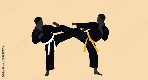 Two martial artists engaging in a dynamic kickboxing match.