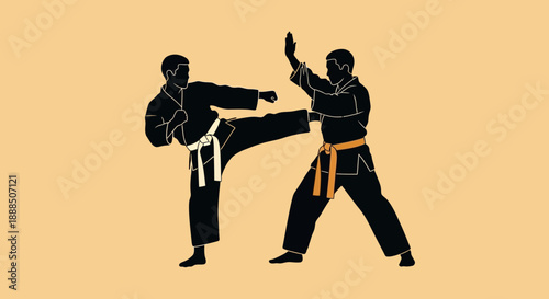 Two martial artists engaging in a kickboxing match with colored belts.