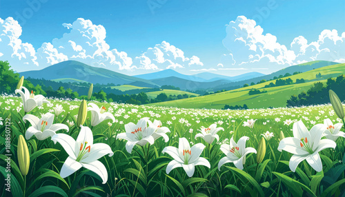 Lush lily meadow surrounded by rolling springtime hills. White floral field creating calm countryside harmony. Soft spring landscape filled with blooming lilies and light