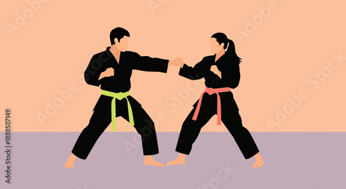 Two martial artists in karate uniforms sparring with colored belts.