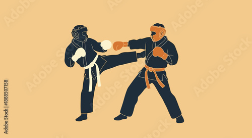 Two martial artists engaging in a kickboxing match.