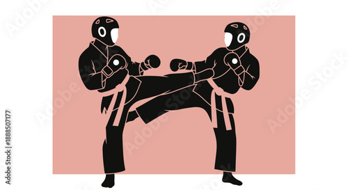 Two martial artists engaging in a fierce kickboxing match.