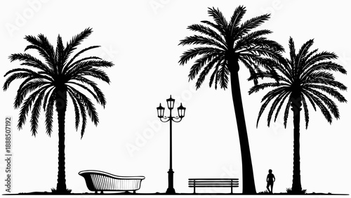 Tropical Oasis Palm Trees Bench and Serene Ambiance.