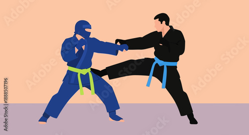 Two martial artists engaging in a kickboxing match with blue and black uniforms.