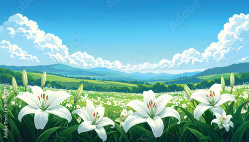 Elegant white lilies beneath expansive blue spring sky. Floral foreground highlighting purity against open countryside. Bright meadow composition with lilies and airy atmosphere