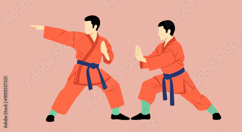 Two martial artists practicing karate stance and movement.