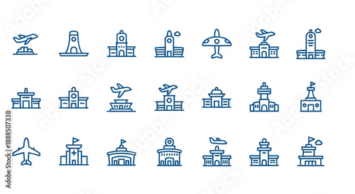 Set of linear airport icons airplane control tower terminal building vector design