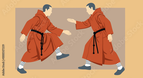 Two martial artists in orange robes engaging in a dynamic fight.