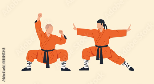Illustration of a man and woman practicing martial arts in orange uniforms.