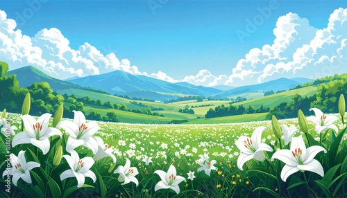 Blooming lily field stretching toward rolling green hills. Spring countryside scene with white flowers and soft clouds. Elegant floral meadow landscape under clear daylight sky