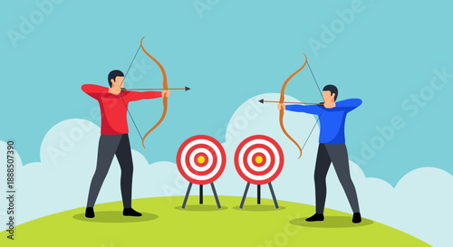 Two men practicing archery on a green hill with targets.