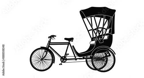 A striking black silhouette depicts a traditional rickshaw complete with a covered carriage and bicycle frame silhouette high quality professional detailed