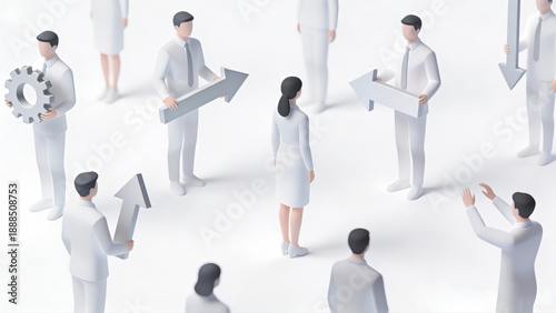 A successful 3d business team of men and women in suits led by a manager during an office meeting for collaborative teamwork and executive work