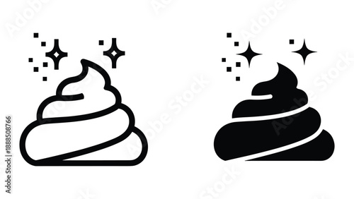 Black and white poop icon with sparkles
