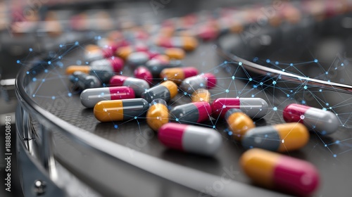 Colorful pharmaceutical capsules on a conveyor belt in a modern production facility, showcasing advanced technology and the future of medicine and health industry innovation.