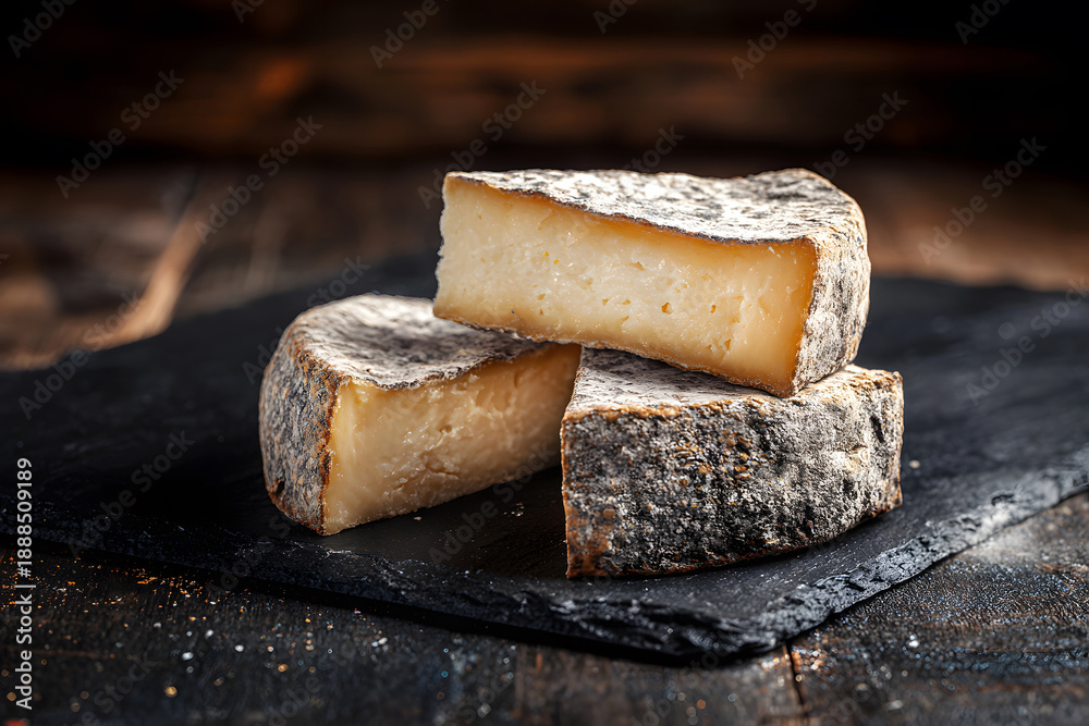 Fototapeta premium Cheese pieces arranged on dark slate surface in kitchen setting during daylight