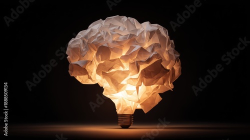 Creative Concept of a Light Bulb Shaped Brain Made from Crumpled Paper, Symbolizing Innovative Thinking, Ideas, and Artistic Inspiration in a Dark Background