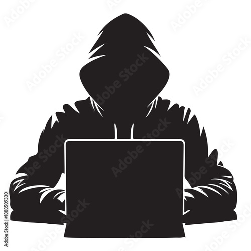 Anonymous Hacker Using Laptop Silhouette Illustration