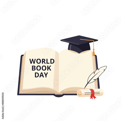 World Book Day Celebration Open Book with Graduation Cap and Scroll