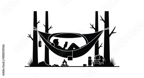 A peaceful outdoor scene depicts a hammock strung between trees with a person relaxing complemented by camping gear silhouette