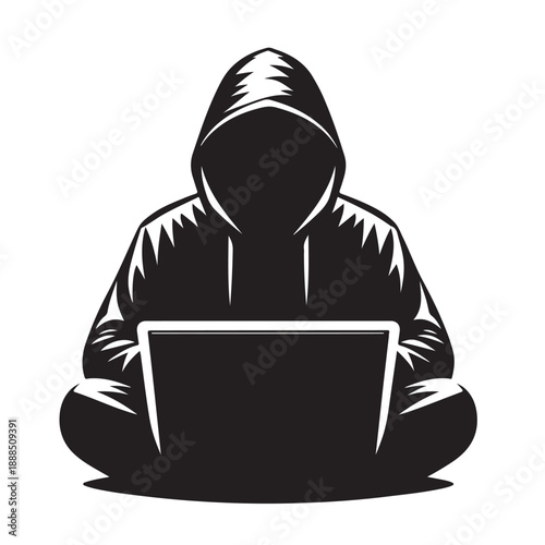 Anonymous Hacker Using Laptop Silhouette Illustration