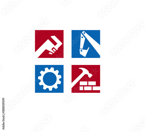 Construction Icons Set with Gear, Excavator, Brick Wall and Hammer