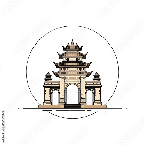 Asian Pagoda Gate within Circle Emblem