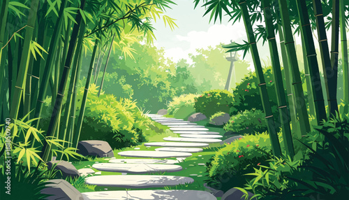 Serene bamboo garden pathway illuminated by soft morning sunlight. Peaceful forest walkway surrounded by lush green bamboo. Natural zen landscape featuring stone path through bamboo grove