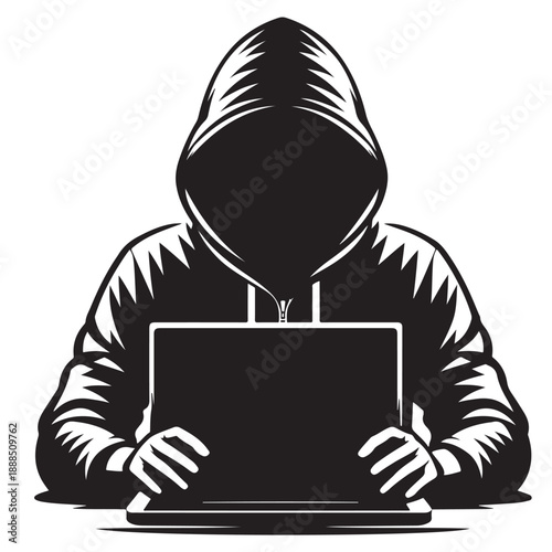 Anonymous Hacker Using Laptop Silhouette Illustration