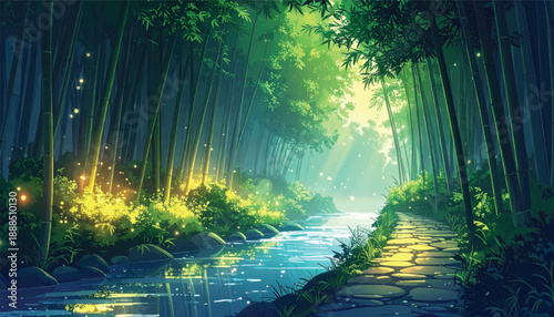 Enchanted bamboo forest glowing beside mystical winding stream. Fantasy woodland illuminated by golden lights and flowing water. Magical jungle pathway with sparkling river atmosphere