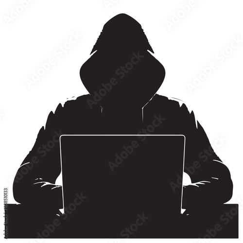 Anonymous Hacker Using Laptop Silhouette Illustration