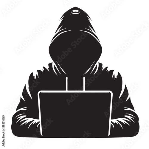 Anonymous Hacker Using Laptop Silhouette Illustration