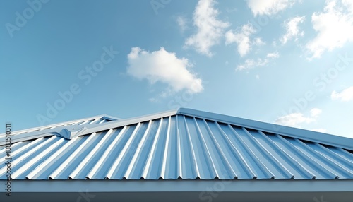 Modern house metal roof construction against blue sky with clouds. Contemporary building exterior detail, architectural design for residential property protection.