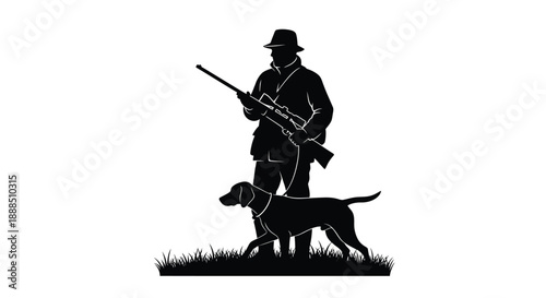 A hunter stands with a rifle and his dog amidst tall grass creating a striking dark silhouette high quality professional detailed