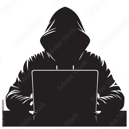 Anonymous Hacker Using Laptop Silhouette Illustration