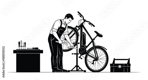 A mechanic is repairing a bicycle focusing on the wheel and gears presented as a striking silhouette high quality professional detailed